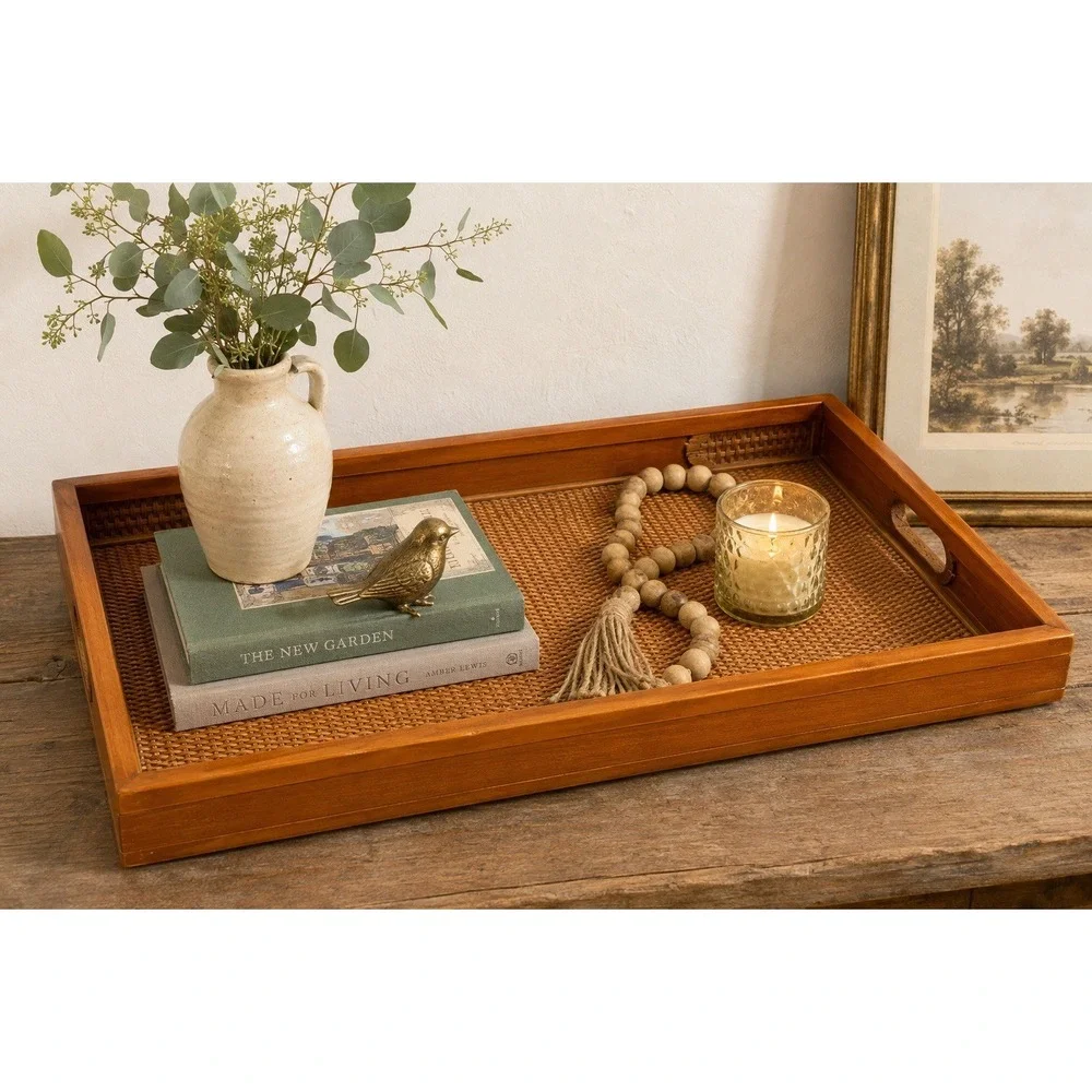 Vintage Large Wood Framed Woven Rattan Wicker Serving Display Tray 23.5